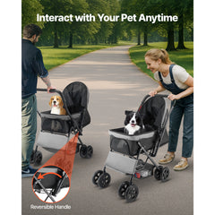 Pet Stroller Foldable 4 Wheels Travel Dog Stroller Reversible Handle up to 44lbs