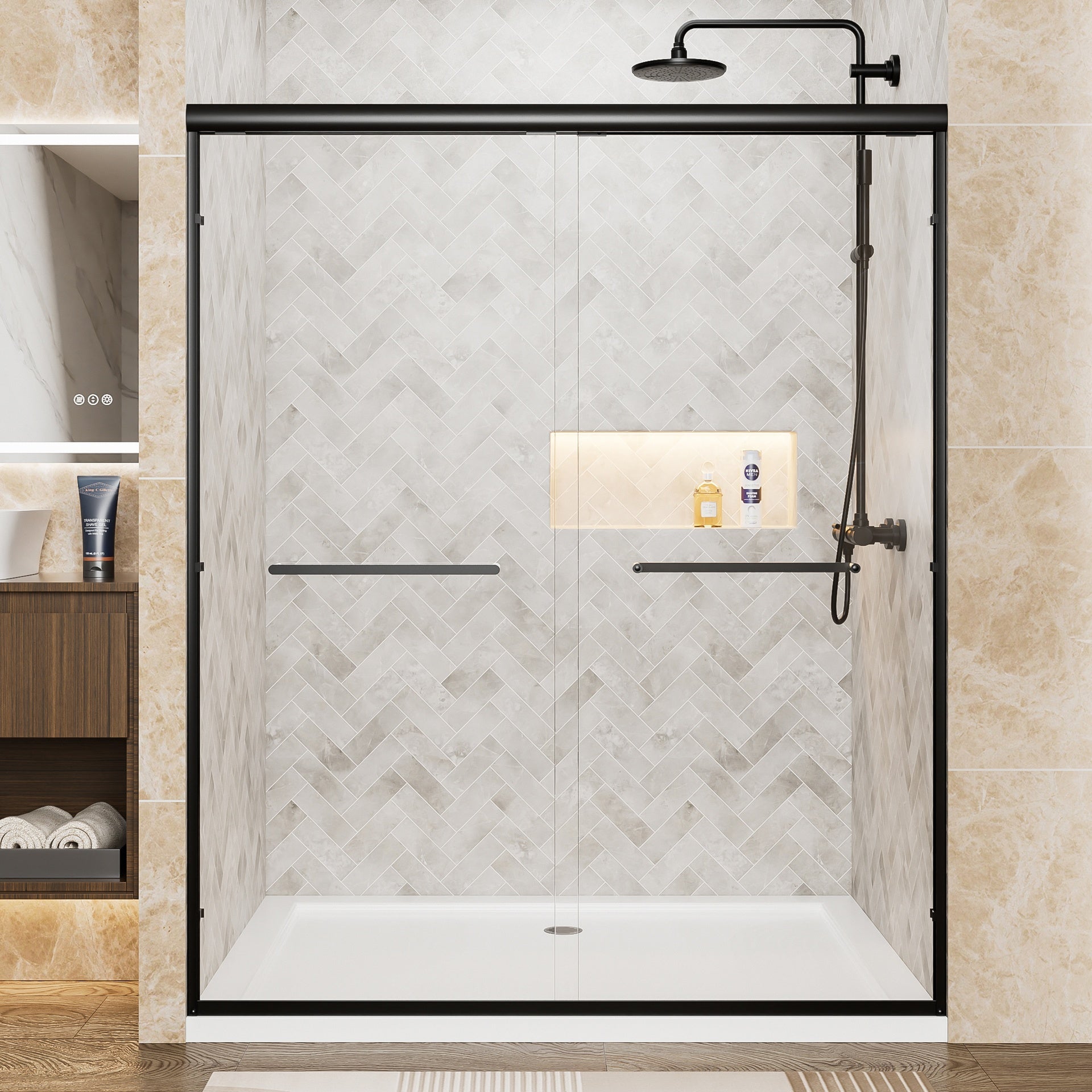 56"-60" W x 72" H Matte Black Aluminum Frame Double Sliding Shower Door, 1/4" (6mm) Clear Tempered Glass With Explosion-proof Film, Dual Stainless Steel Handles