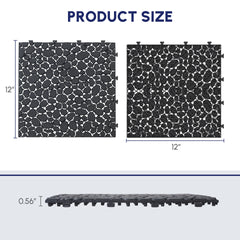 12 x 12 Inch Black Interlocking Deck Tiles Plastic Waterproof Outdoor All Weather Anti-slip Bathroom Shower Balcony Porch Strong Weight Capacity Upto 440 LBS, Pebble Stone Pattern Pack of 60