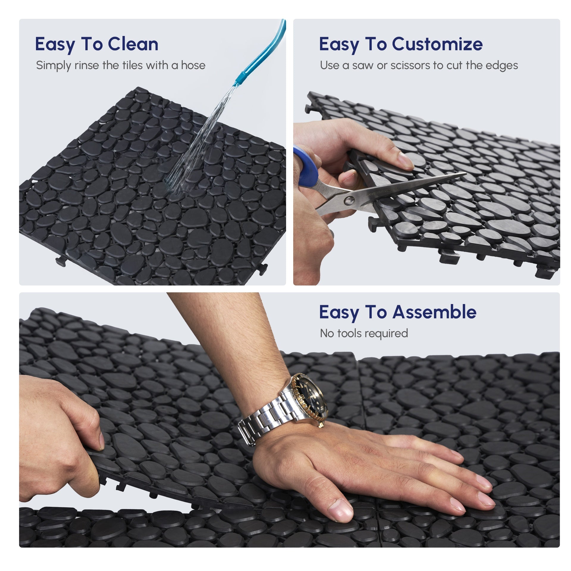 12 x 12 Inch Black Interlocking Deck Tiles Plastic Waterproof Outdoor All Weather Anti-slip Bathroom Shower Balcony Porch Strong Weight Capacity Upto 440 LBS, Pebble Stone Pattern Pack of 60