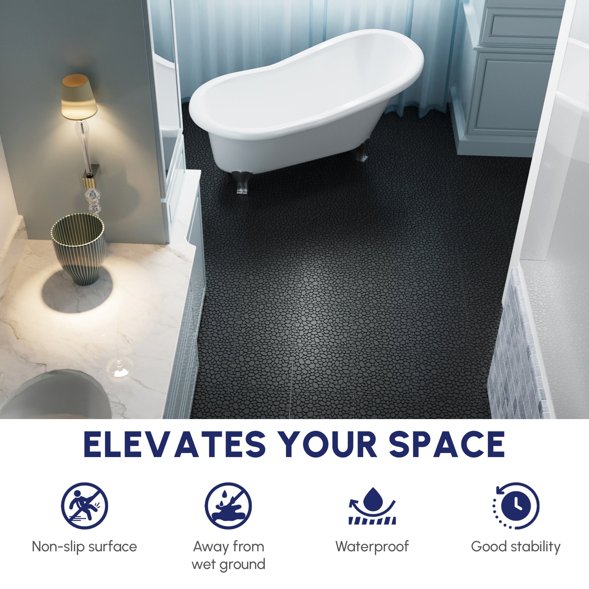 12 x 12 Inch Black Interlocking Deck Tiles Plastic Waterproof Outdoor All Weather Anti-slip Bathroom Shower Balcony Porch Strong Weight Capacity Upto 440 LBS, Pebble Stone Pattern Pack of 60