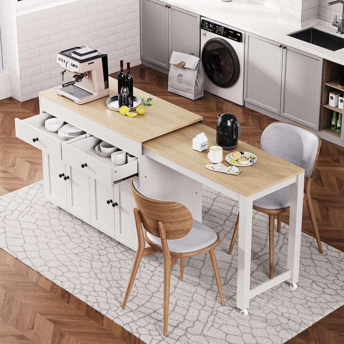 K&K 74.5 inch Kitchen Island with Extendable Dining Table , Rolling Kitchen Island on Wheels with Spice Rack and 2 Drawers, 4 Door Cabinet, for Kitchen, Dining Room, White (One Package)