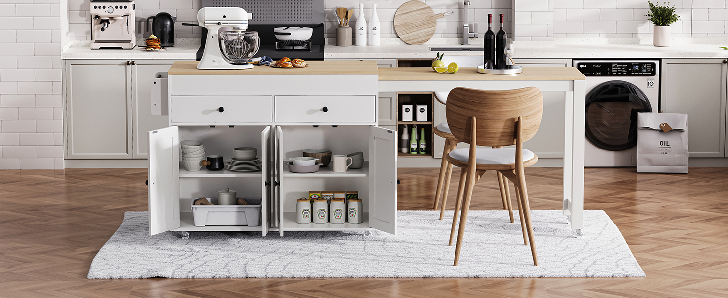 K&K 74.5 inch Kitchen Island with Extendable Dining Table , Rolling Kitchen Island on Wheels with Spice Rack and 2 Drawers, 4 Door Cabinet, for Kitchen, Dining Room, White (One Package)