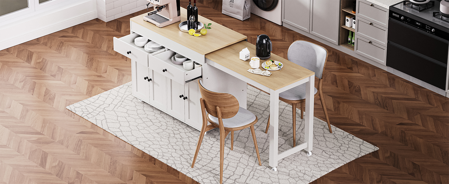 K&K 74.5 inch Kitchen Island with Extendable Dining Table , Rolling Kitchen Island on Wheels with Spice Rack and 2 Drawers, 4 Door Cabinet, for Kitchen, Dining Room, White (One Package)