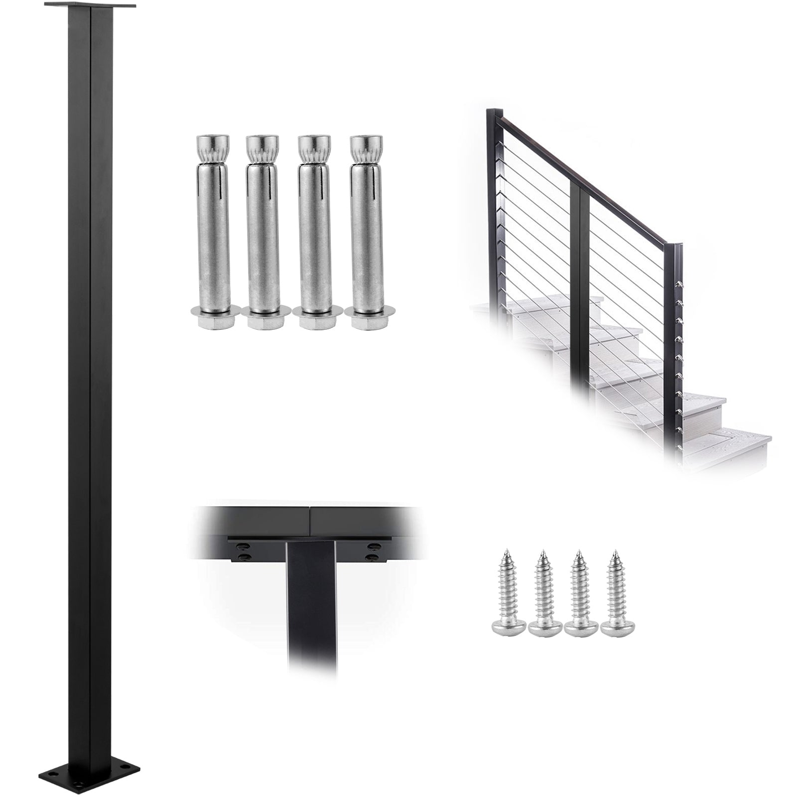 Cable Rail Post Level Deck Stair Post 36 x 1.5 x 1.5" Cable Handrail Post Stainless Steel Brushed Finishing Deck Railing DIY Picket Without Hole Stair Railing Kit with Mount Bracket Black
