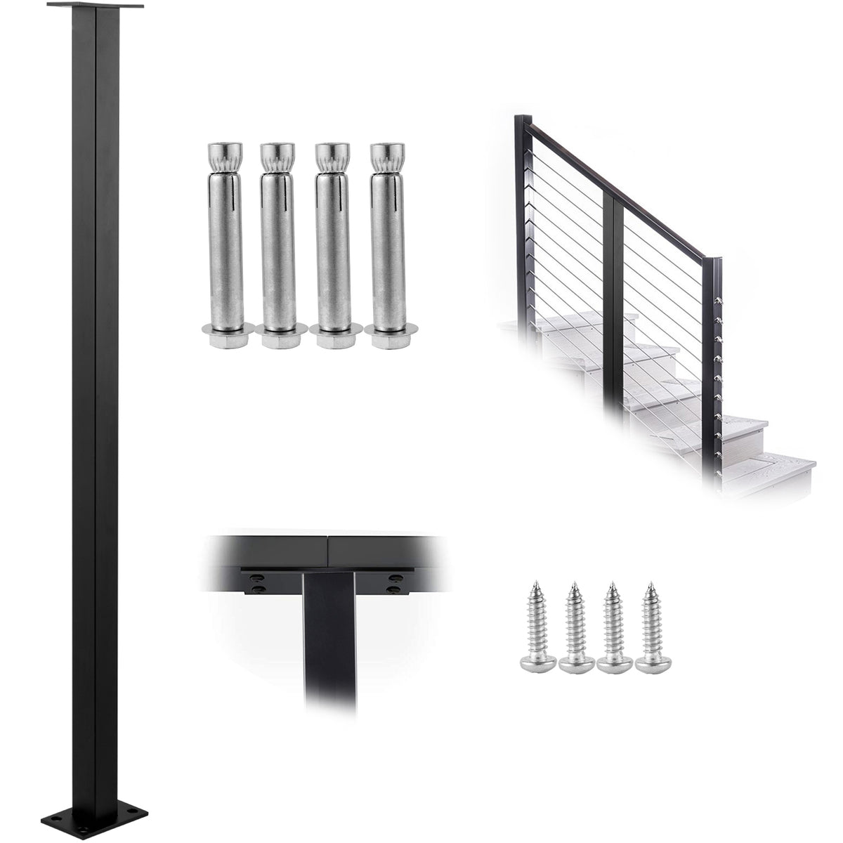 Cable Rail Post Level Deck Stair Post 36 x 1.5 x 1.5" Cable Handrail Post Stainless Steel Brushed Finishing Deck Railing DIY Picket Without Hole Stair Railing Kit with Mount Bracket Black