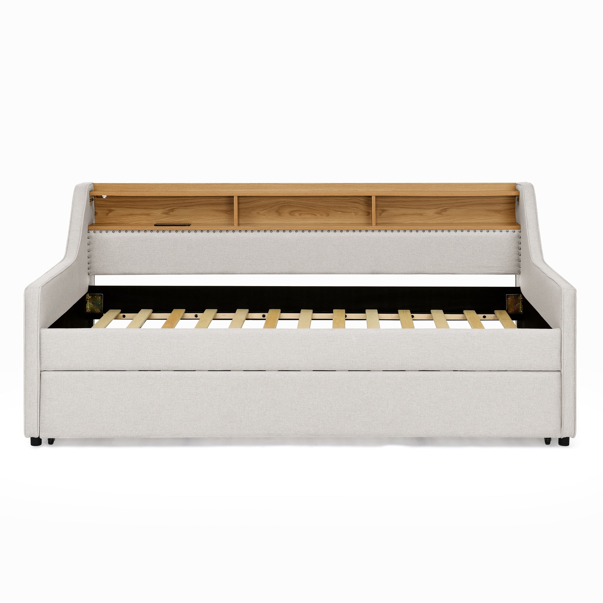 Twin Size Upholstery Sofa Bed with Three LED lights, with Storage Adjustable Headboard, with Foldable Leg Pull up Trundle Bed and Wireless Charging, Linen Padded Sofa Bed frame, Beige