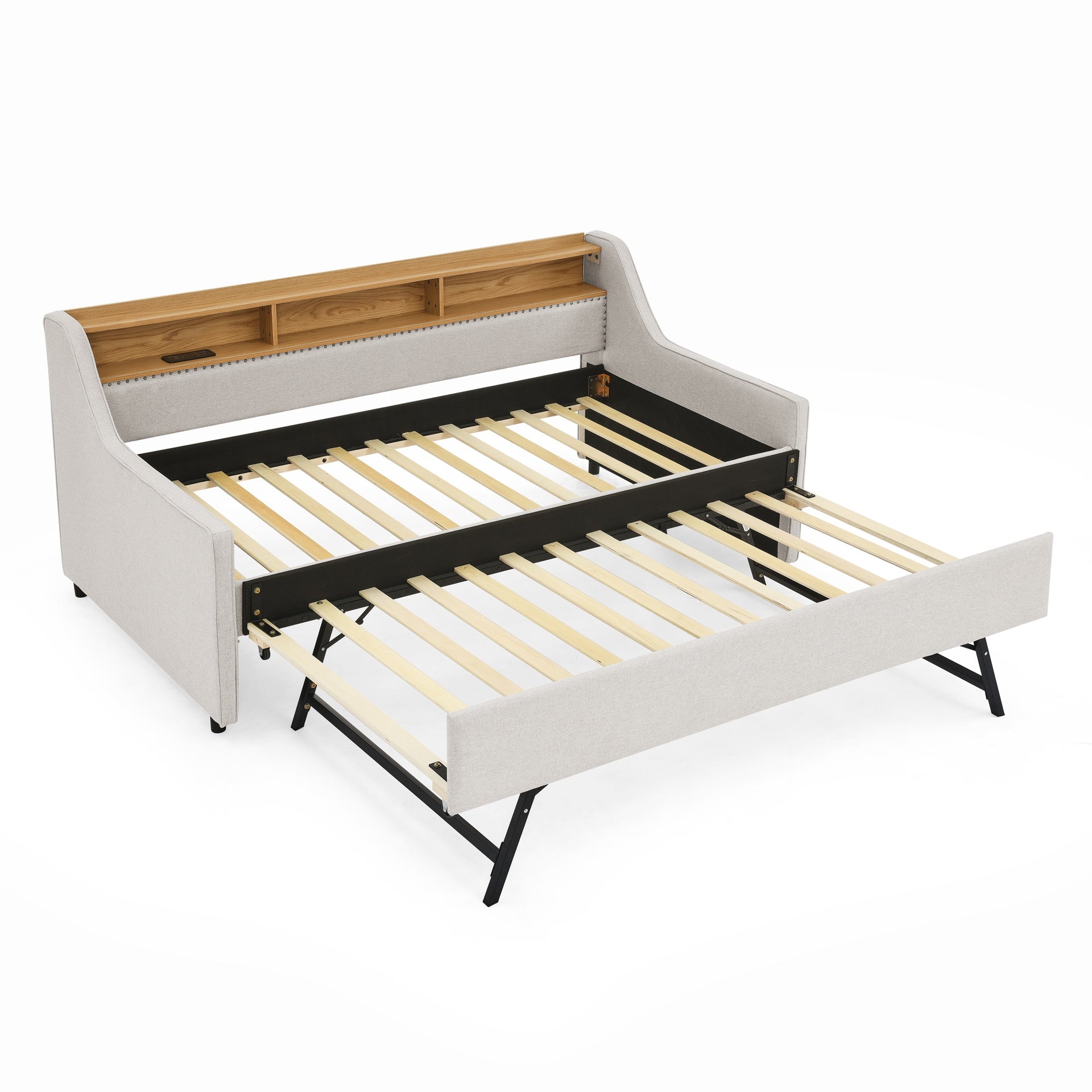 Twin Size Upholstery Sofa Bed with Three LED lights, with Storage Adjustable Headboard, with Foldable Leg Pull up Trundle Bed and Wireless Charging, Linen Padded Sofa Bed frame, Beige
