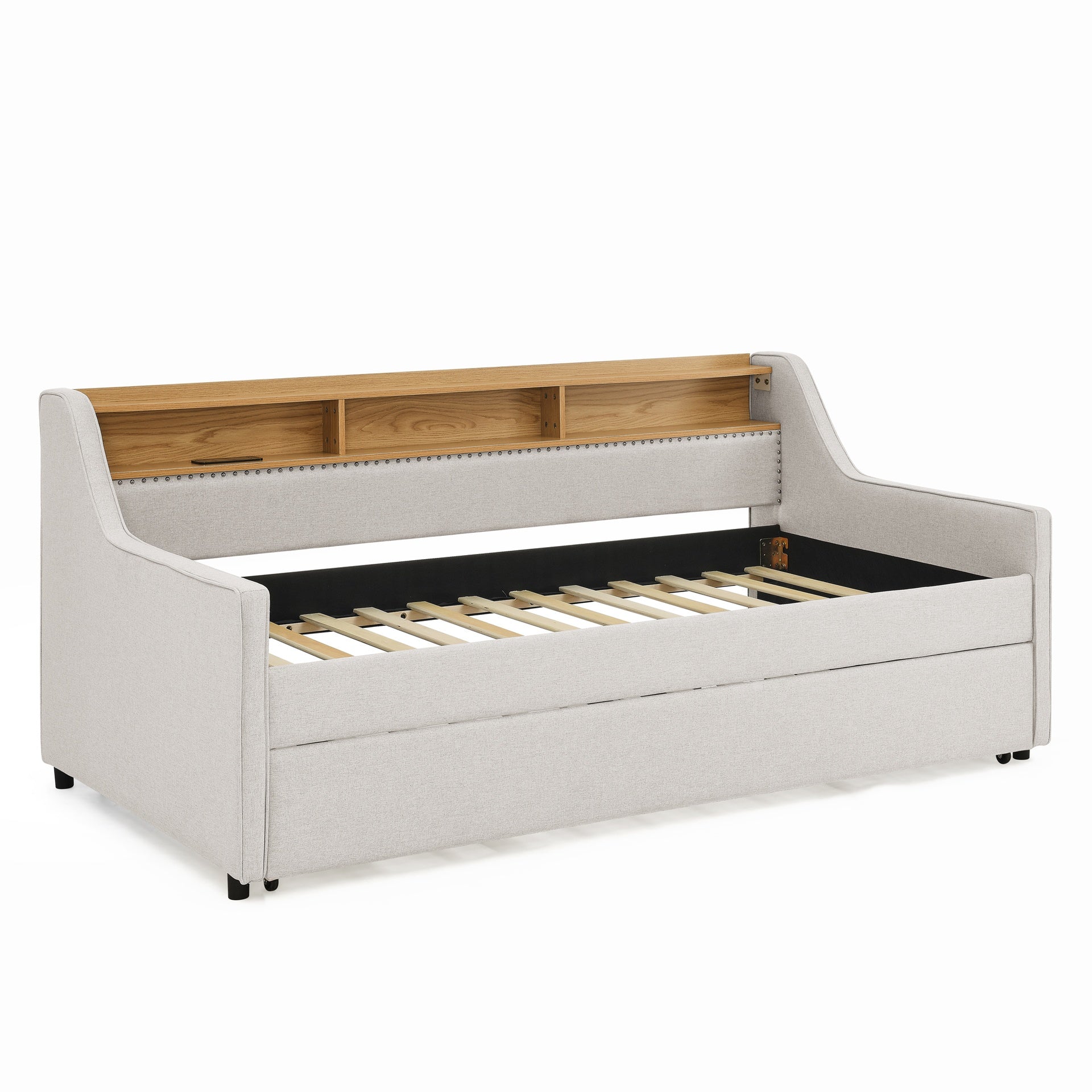 Twin Size Upholstery Sofa Bed with Three LED lights, with Storage Adjustable Headboard, with Foldable Leg Pull up Trundle Bed and Wireless Charging, Linen Padded Sofa Bed frame, Beige
