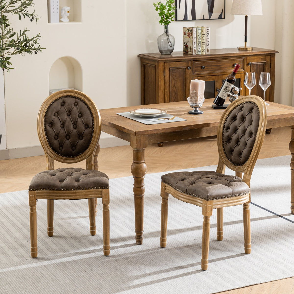 French Style Solid Wood Frame Antique Painting,Hand-pulled buckle decoration PU artificial leather Dining Chair with Nailhead Trim ,Wood Legs,Density Foam,Steel Spring inner,Set of 2,Brown,SW1839BR