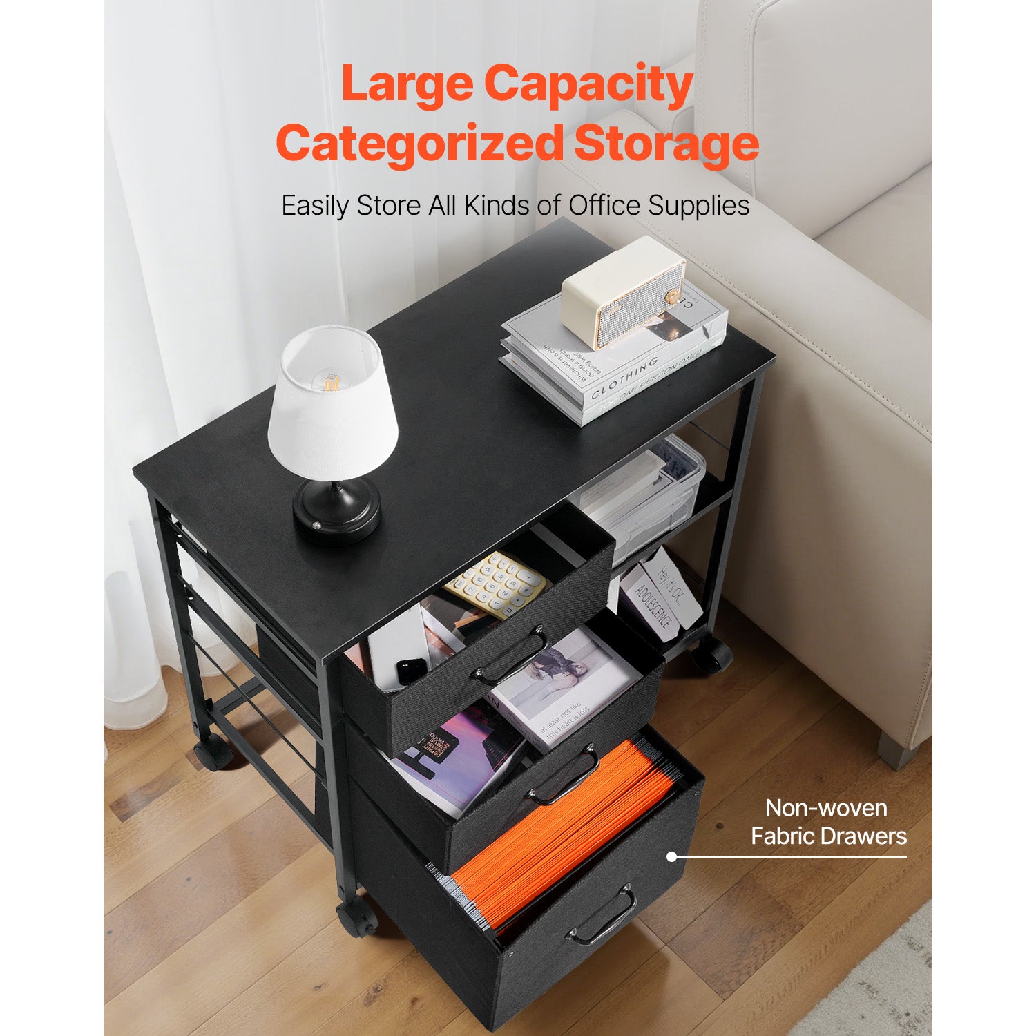 Mobile Metal File Cabinet with 3 Fabric Drawers and 2 Open Shelves Black