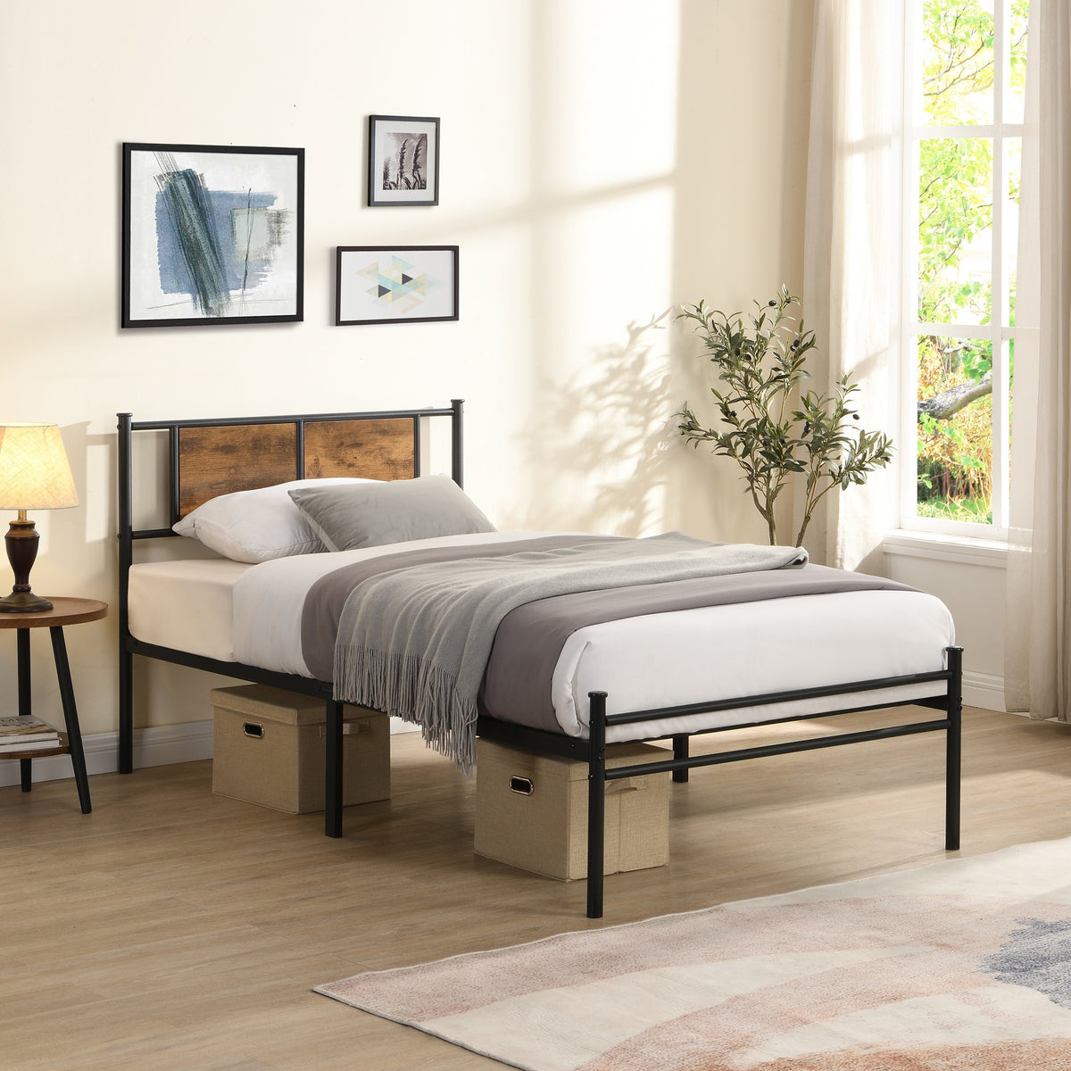 Twin XL Size metal bedframe,Headboard with wood panel decoration,black