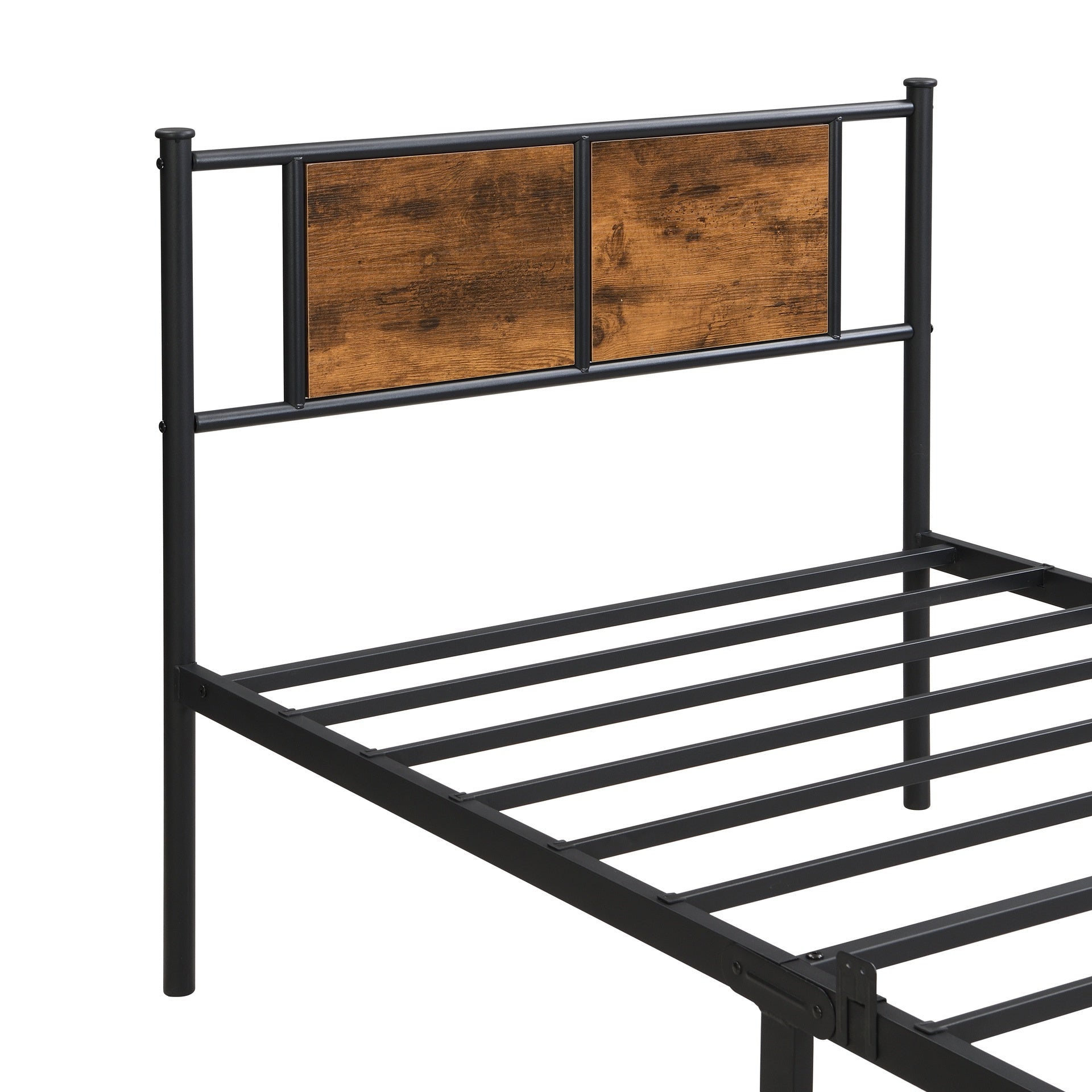 Twin XL Size metal bedframe,Headboard with wood panel decoration,black
