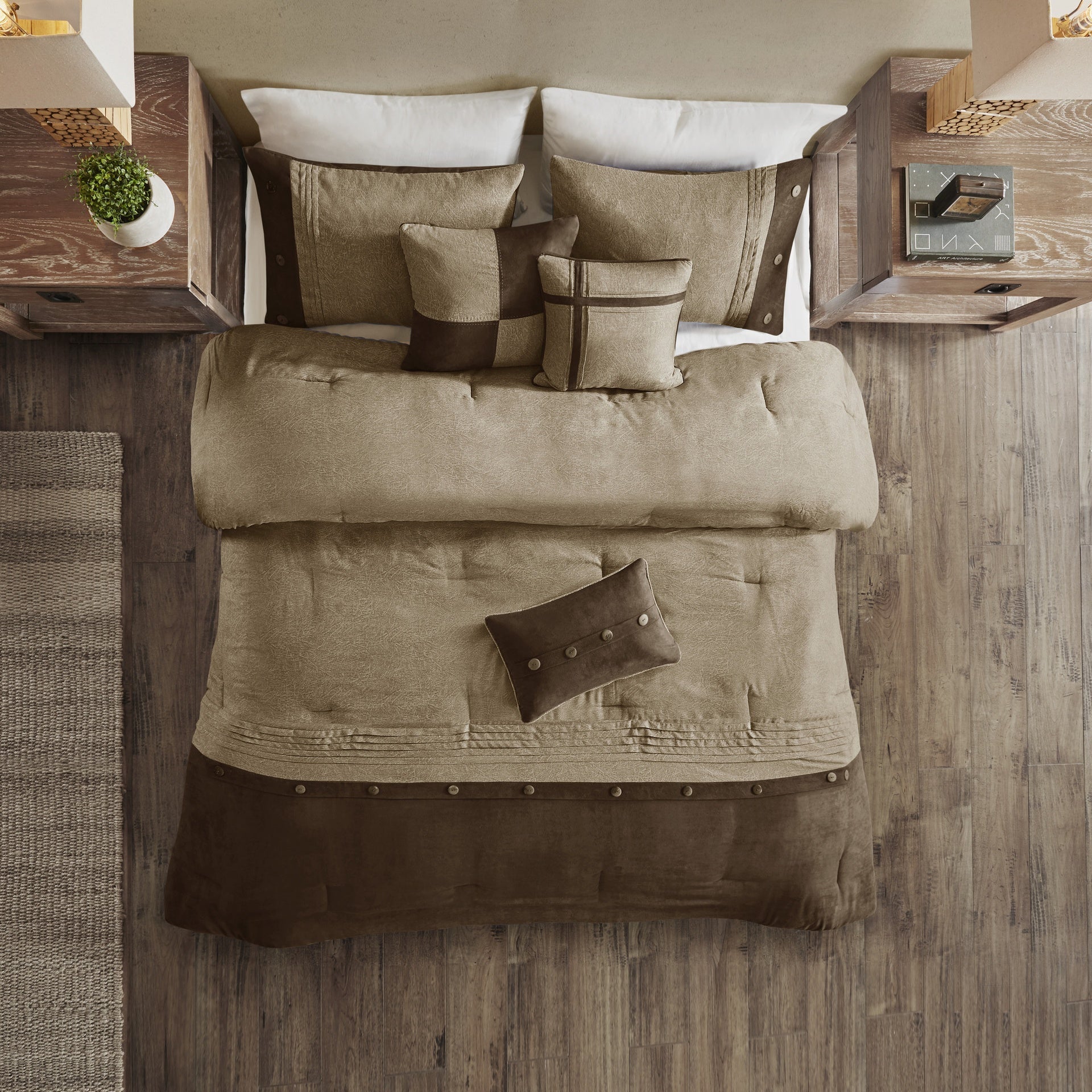 7 Piece Faux Suede Comforter Set Brown King