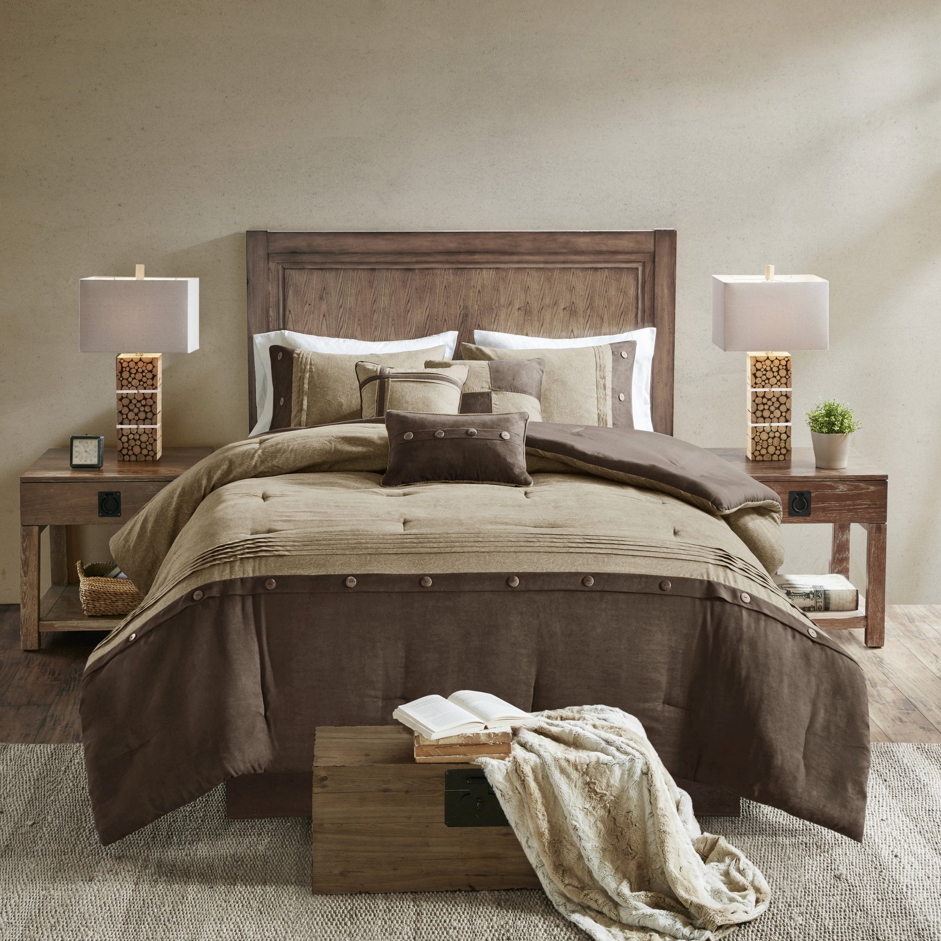 7 Piece Faux Suede Comforter Set Brown King