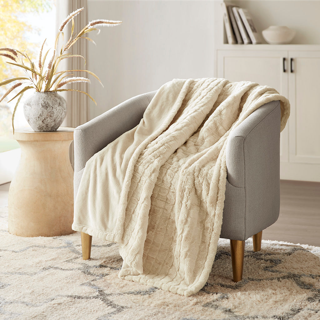 1 PCS 50x70" Oversized Faux Fur Heated Throw Ivory Texture