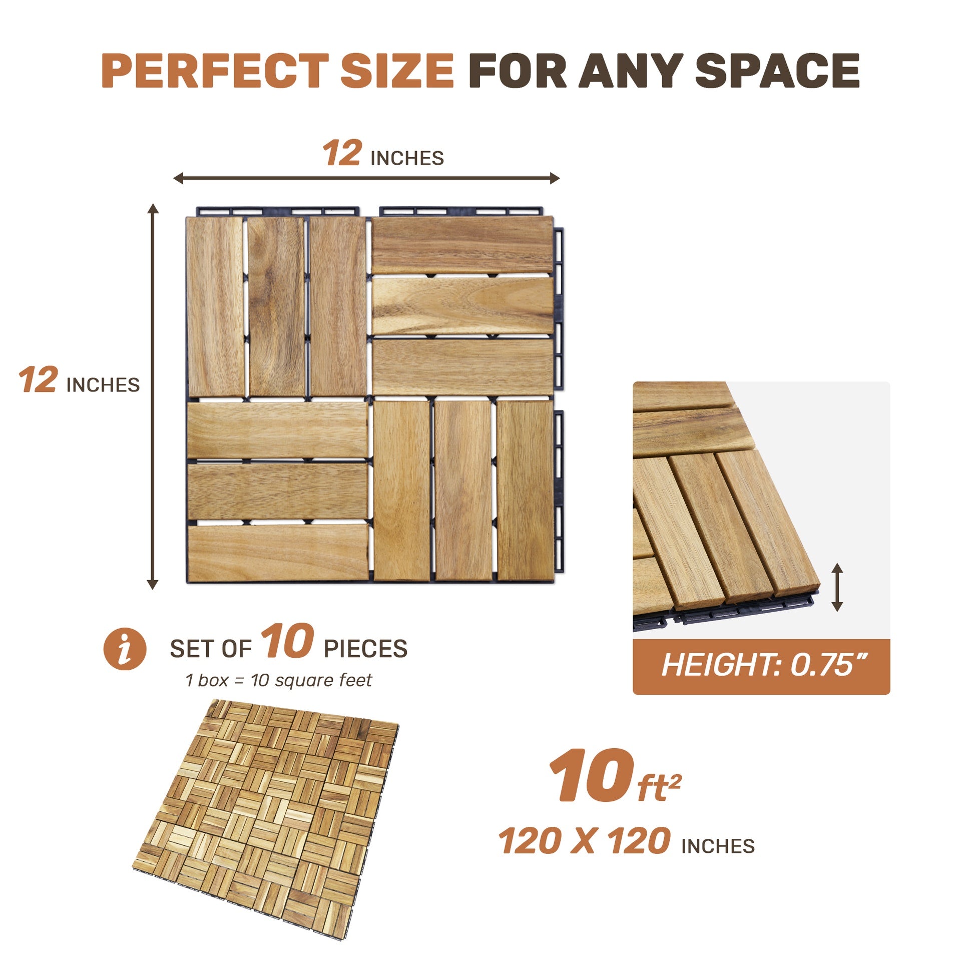 10 PCS Interlocking Deck Tiles Checker Pattern, 12" x 12" Square Yellow Acacia Hardwood Outdoor Flooring for Patio, Bancony, Pool Side,...