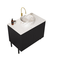 TURIO 30" Bathroom Vanity with Sink, Freestanding Bathroom Storage Cabinet with 2 Doors, White Round Ceramic Basin with Stone Pattern and Carrara White Counter Top, No Faucet, Black Color