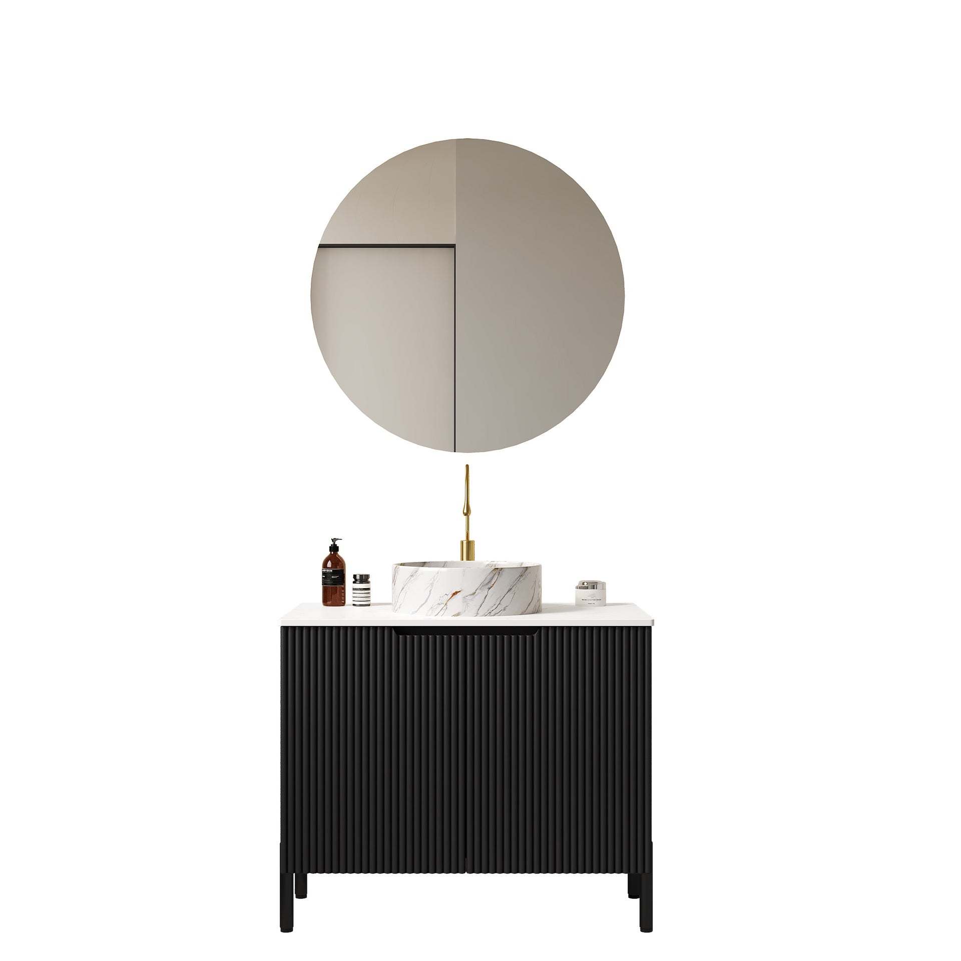 TURIO 30" Bathroom Vanity with Sink, Freestanding Bathroom Storage Cabinet with 2 Doors, White Round Ceramic Basin with Stone Pattern and Carrara White Counter Top, No Faucet, Black Color