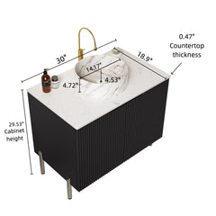 TURIO 30" Bathroom Vanity with Sink, Freestanding Bathroom Storage Cabinet with 2 Doors, White Round Ceramic Basin with Stone Pattern and Carrara White Counter Top, No Faucet, Black Color