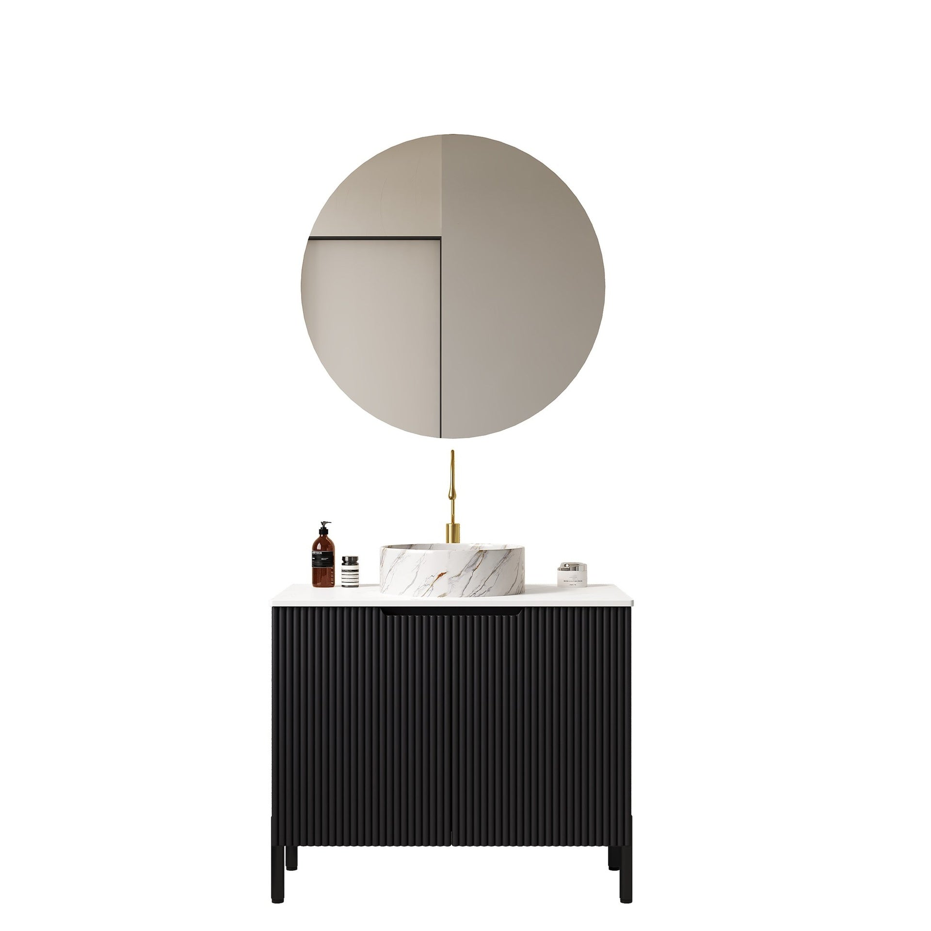 TURIO 30" Bathroom Vanity with Sink, Freestanding Bathroom Storage Cabinet with 2 Doors, White Round Ceramic Basin with Stone Pattern and Carrara White Counter Top, No Faucet, Black Color