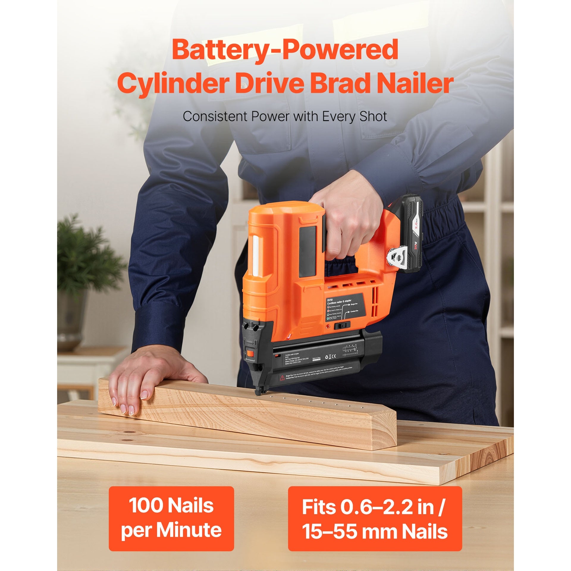 Cordless Brad Nailer, 18 Gauge, 20V Battery Powered Nail Gun, with 500 pcs Nails, 2.0 Ah Li-ion Battery and Charger, Adjustable Nailing Depth, for Home Improvement, Woodworking, DIY Project