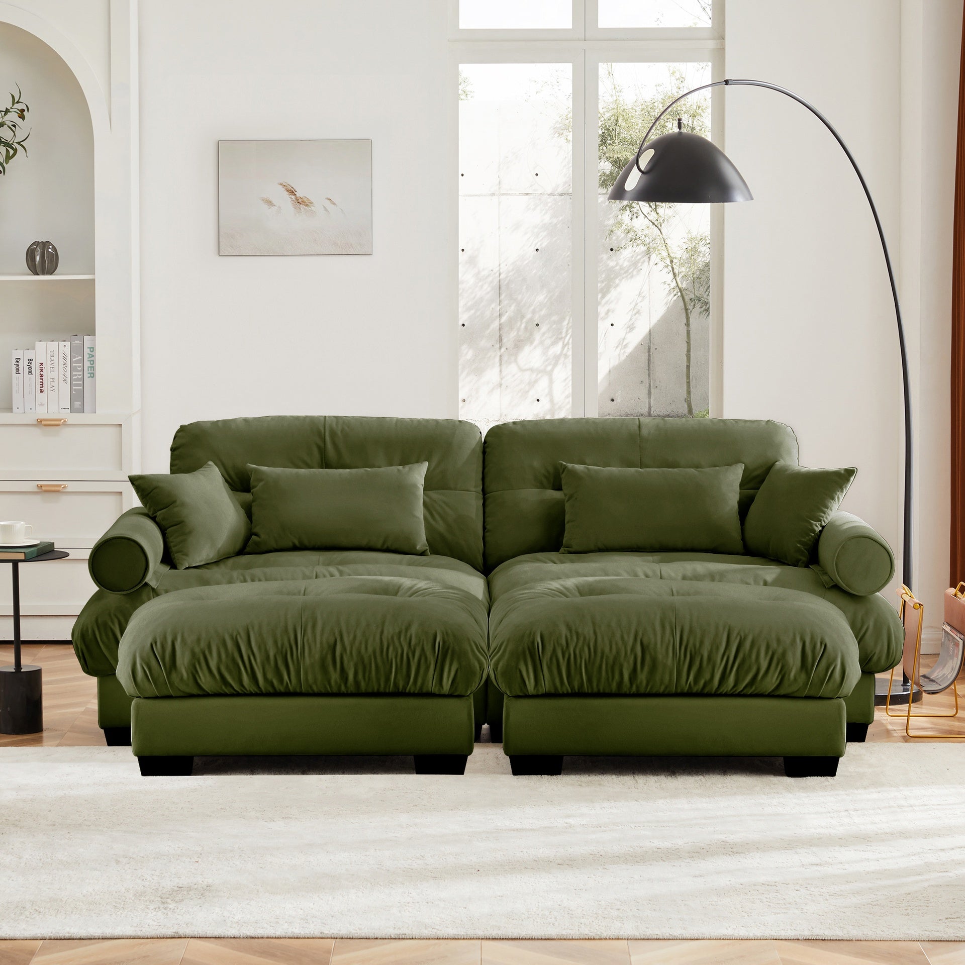 Over Size Modern Two-seater Sofa with Ottoman, Velvet 2-Seater with Round Bolster Armrests,With Waist Pillow and Throw Pillows, Reading Room  Olive green