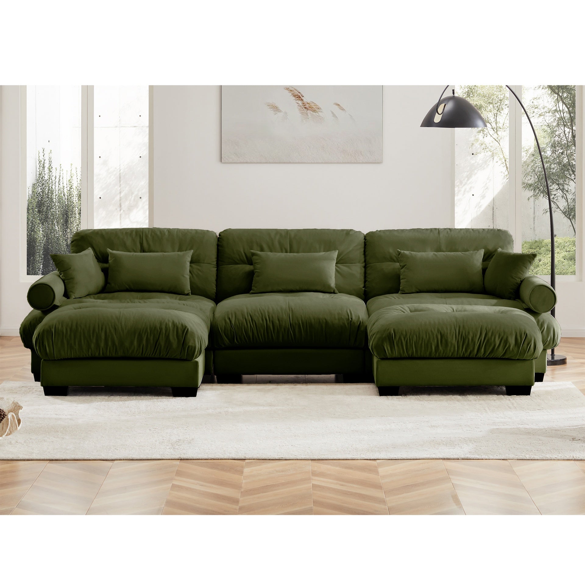 U Shape Modular Sectional Sofa Couch with Two Movable Ottomans, Modern 3 Seat Corner Sofa With Waist Pillows, Throw Pillows and Blostered Armrests, Convertible L Shaped Couch for Living ,Olive green