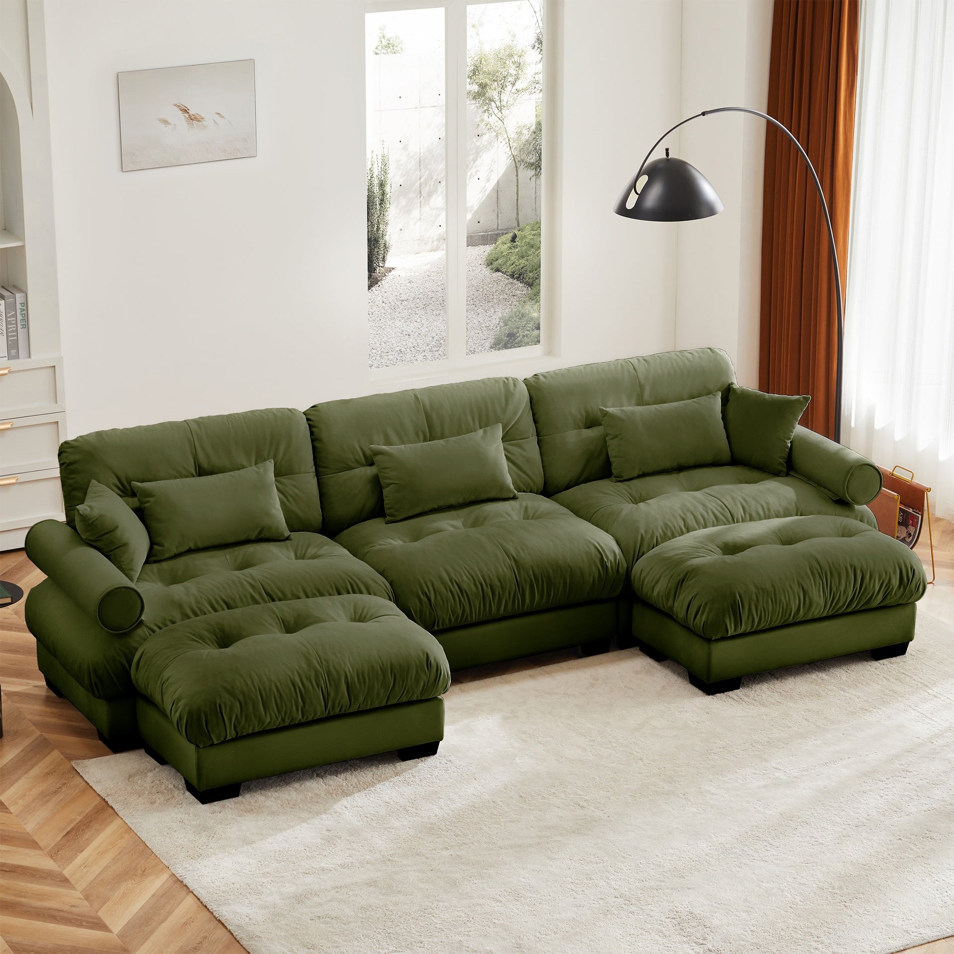 U Shape Modular Sectional Sofa Couch with Two Movable Ottomans, Modern 3 Seat Corner Sofa With Waist Pillows, Throw Pillows and Blostered Armrests, Convertible L Shaped Couch for Living ,Olive green