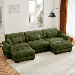 U Shape Modular Sectional Sofa Couch with Two Movable Ottomans, Modern 3 Seat Corner Sofa With Waist Pillows, Throw Pillows and Blostered Armrests, Convertible L Shaped Couch for Living ,Olive green