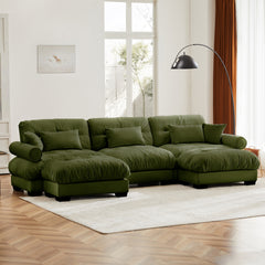 U Shape Modular Sectional Sofa Couch with Two Movable Ottomans, Modern 3 Seat Corner Sofa With Waist Pillows, Throw Pillows and Blostered Armrests, Convertible L Shaped Couch for Living ,Olive green