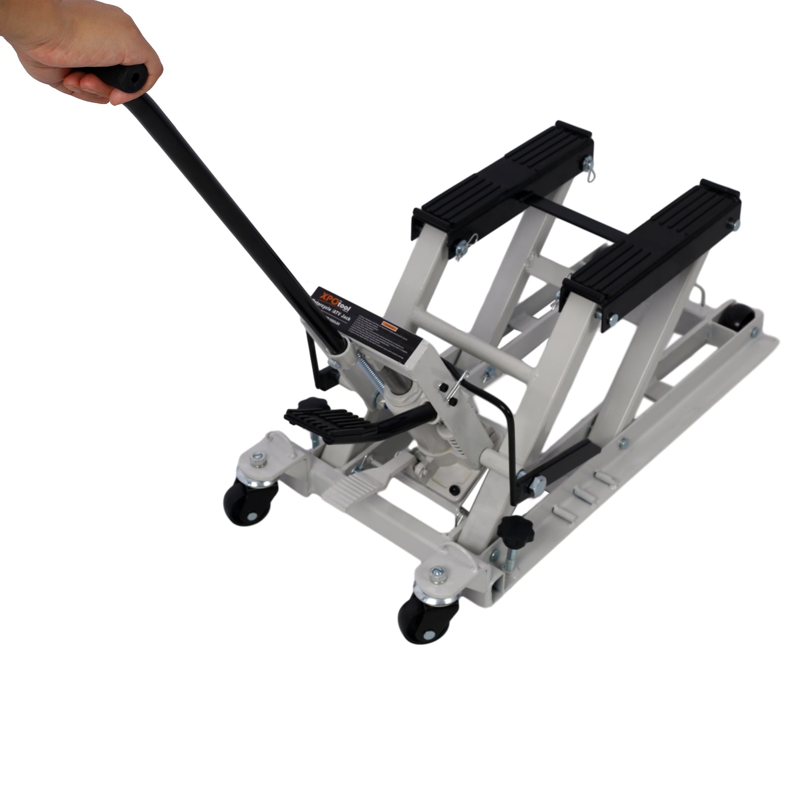 Hydraulic Motorcycle Lift Jack, 1500 LBS Capacity ATV Scissor Lift Jack, Portable Motorcycle Lift Table with 4 Wheels, Hydraulic Foot-Operated Hoist Stand with 2xtie down gray