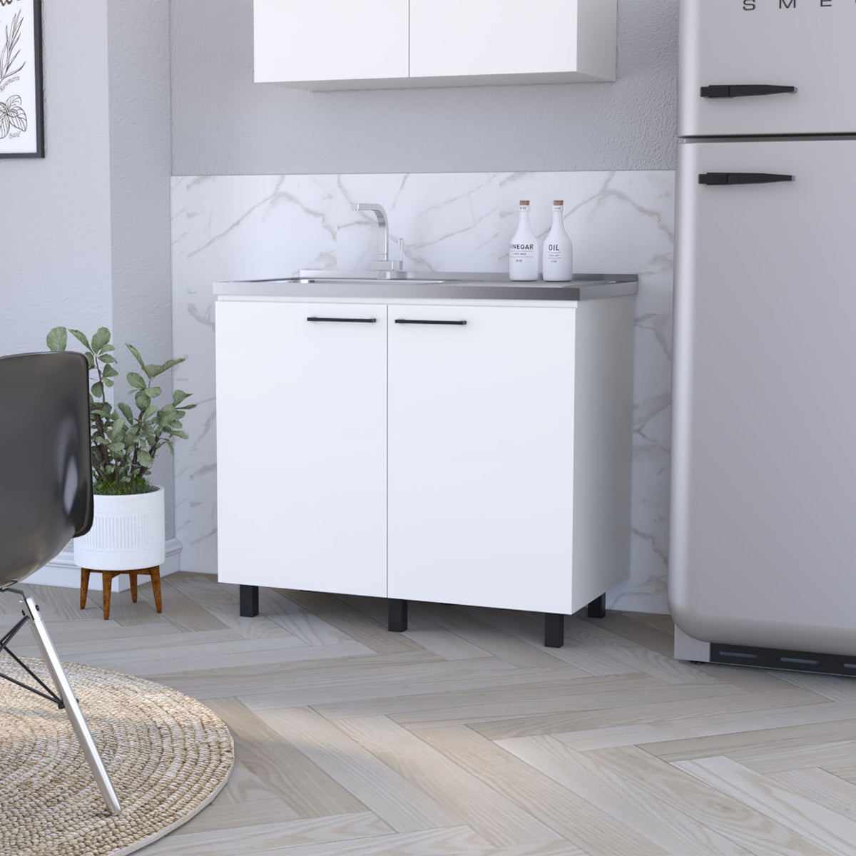 Oklahoma 2 Utility Sink & Cabinet, Interior Shelf, Stainless Steel Countertop