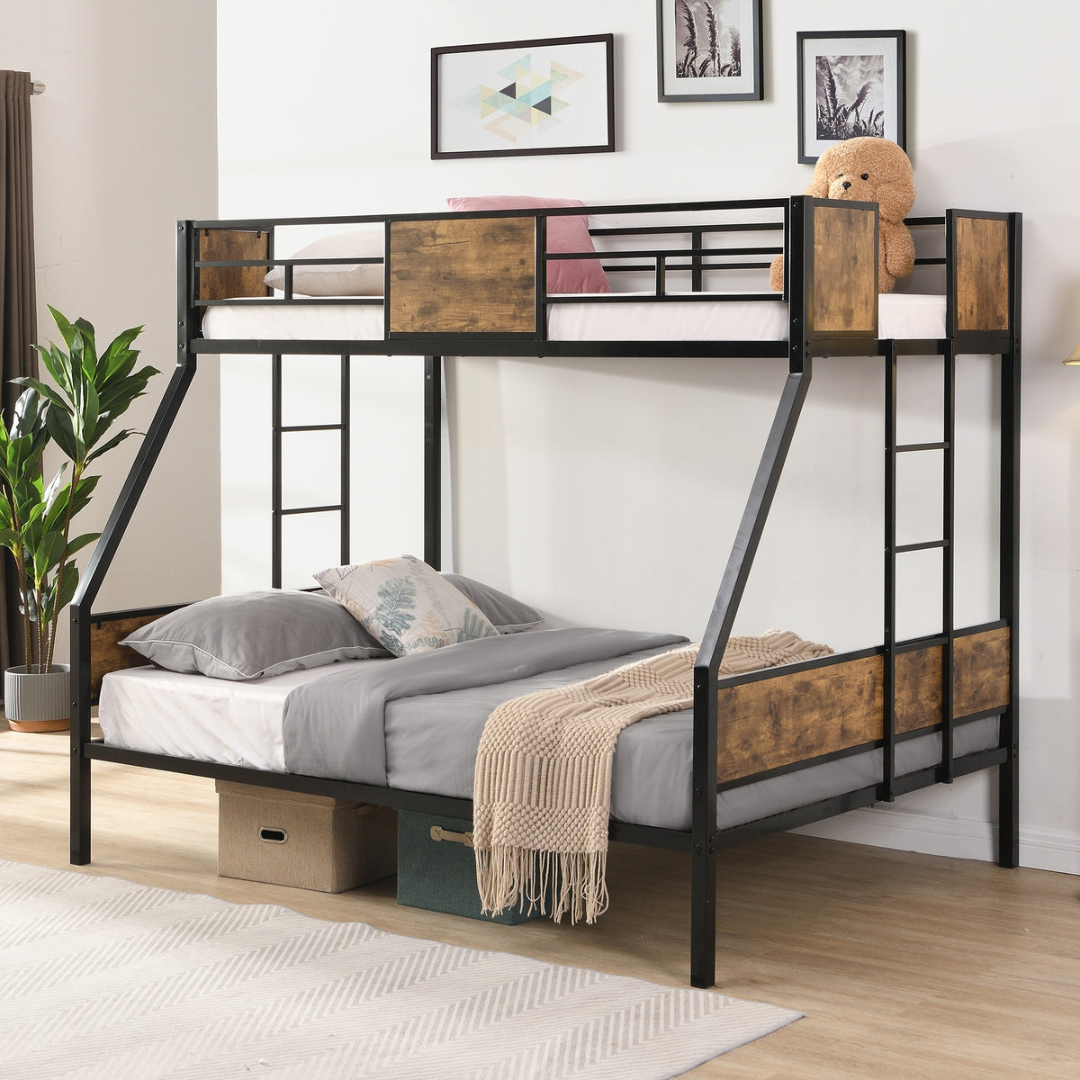 Twin Over FULL  Metal Bunk Bed  with  2 - Side Ladder and Full-Length Guardrail, No Box Spring Needed, Large Under Bed Storage, Easy Assemble , Black &  Brown