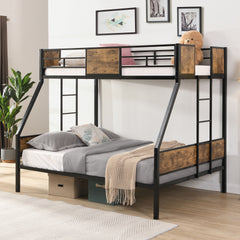 Twin Over FULL  Metal Bunk Bed  with  2 - Side Ladder and Full-Length Guardrail, No Box Spring Needed, Large Under Bed Storage, Easy Assemble , Black &  Brown