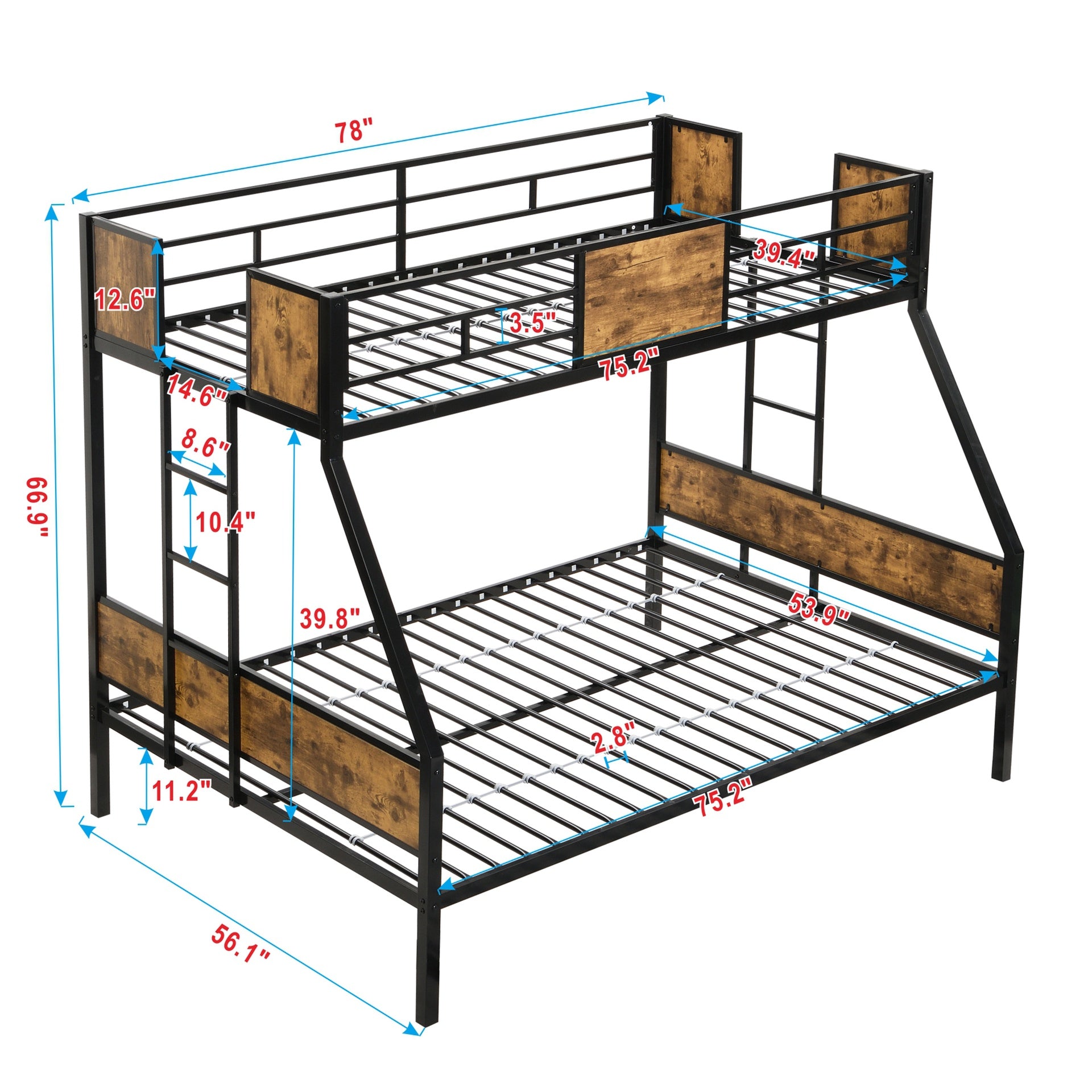 Twin Over FULL  Metal Bunk Bed  with  2 - Side Ladder and Full-Length Guardrail, No Box Spring Needed, Large Under Bed Storage, Easy Assemble , Black &  Brown