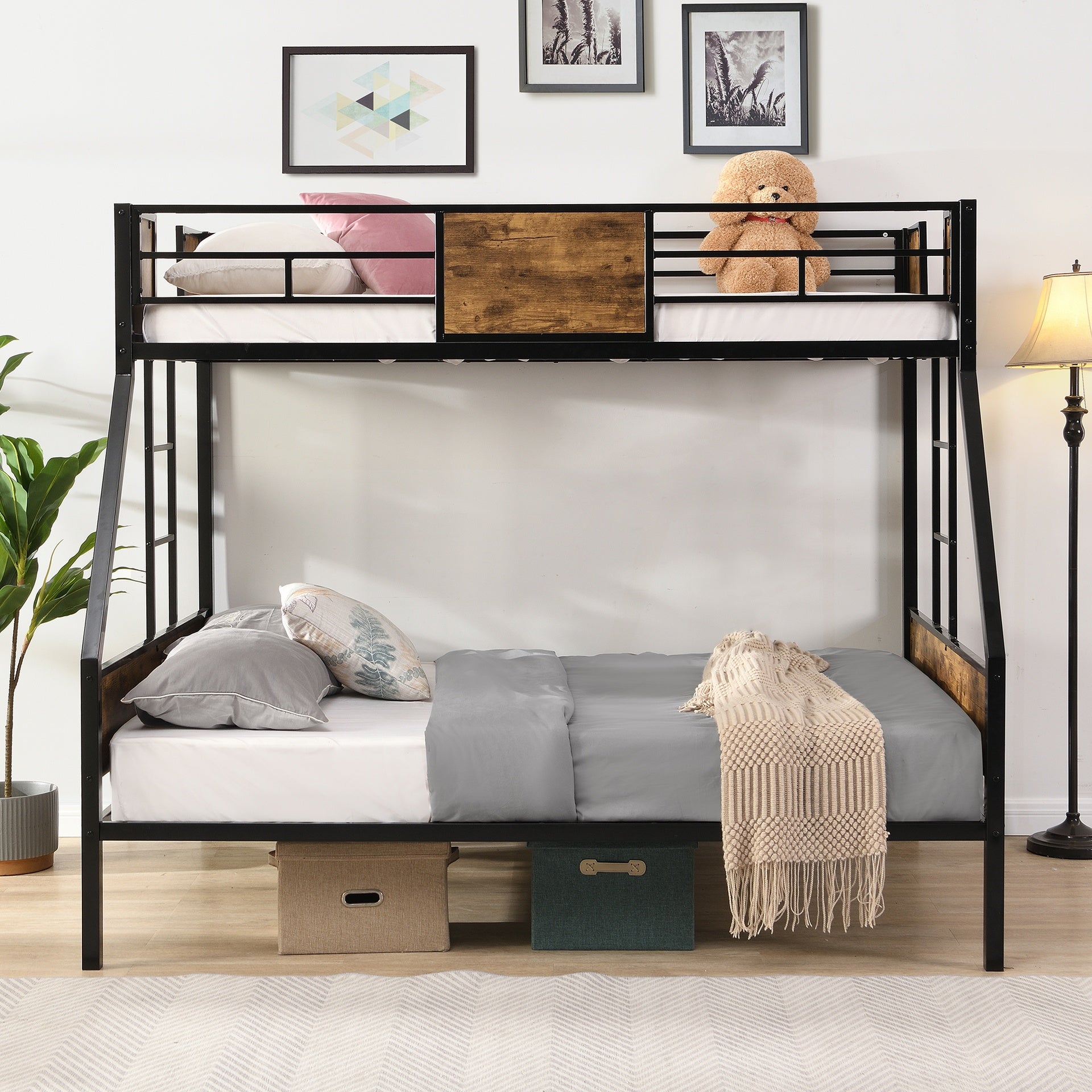 Twin Over FULL  Metal Bunk Bed  with  2 - Side Ladder and Full-Length Guardrail, No Box Spring Needed, Large Under Bed Storage, Easy Assemble , Black &  Brown