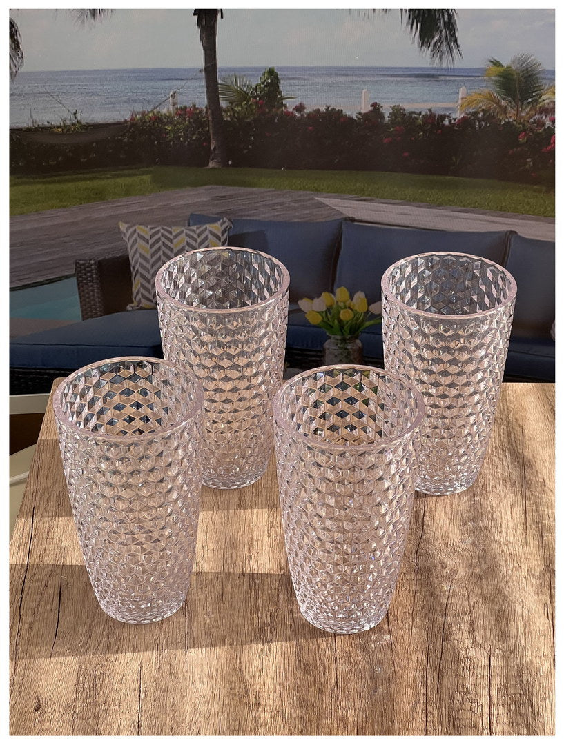 Diamond Cut Acrylic Glasses Drinking Set of 4 (19oz), Plastic Drinking Glasses, BPA Free Cocktail Glasses, Drinkware Set, Drinking Water Glasses
