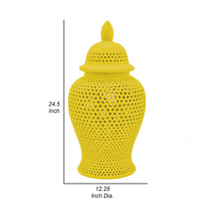 Deni 25 Inch Ginger Jar, Carved Cutout Lattice, Removable Lid, Yellow