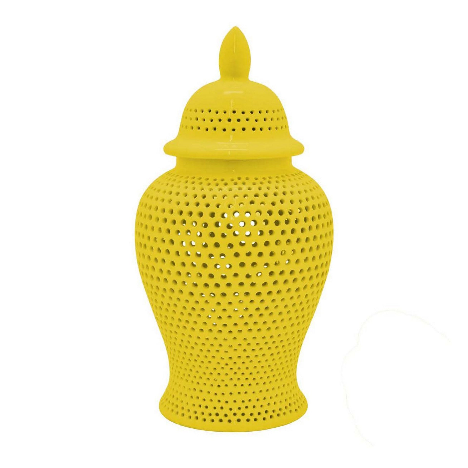 Deni 25 Inch Ginger Jar, Carved Cutout Lattice, Removable Lid, Yellow