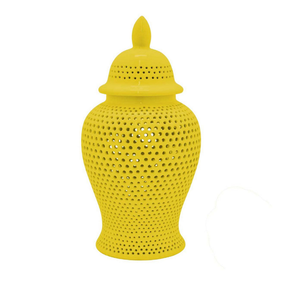 Deni 25 Inch Ginger Jar, Carved Cutout Lattice, Removable Lid, Yellow