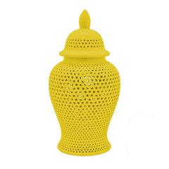 Deni 25 Inch Ginger Jar, Carved Cutout Lattice, Removable Lid, Yellow