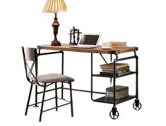 Industrial Inspired Desk With An Antique Black Metal Construction Replicated Wood Top And Caster Wheel Accents