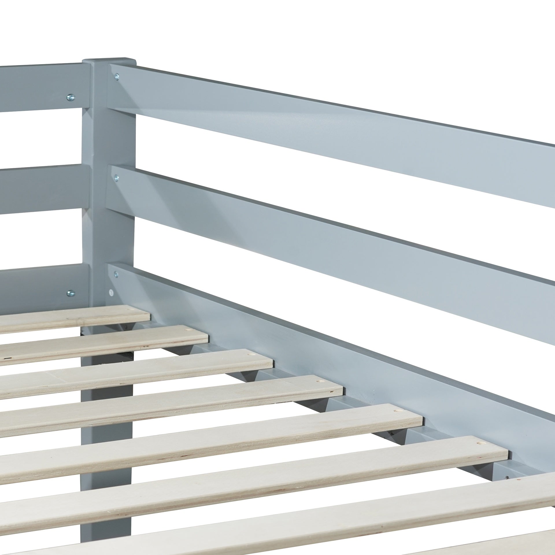 Solid Wooden, Solid Rubber Wooden Twin over Twin Floor Bunk Bed with Ladder, with Bed Platform of Strengthened Slats , Grey