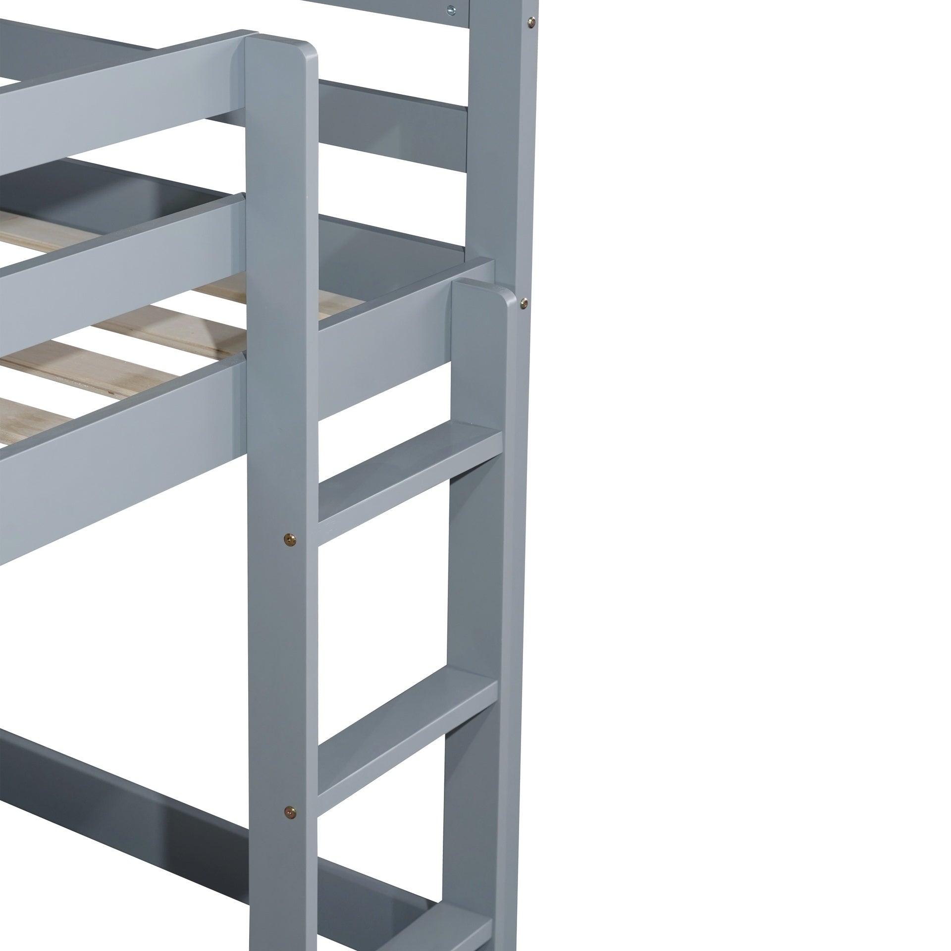 Solid Wooden, Solid Rubber Wooden Twin over Twin Floor Bunk Bed with Ladder, with Bed Platform of Strengthened Slats , Grey