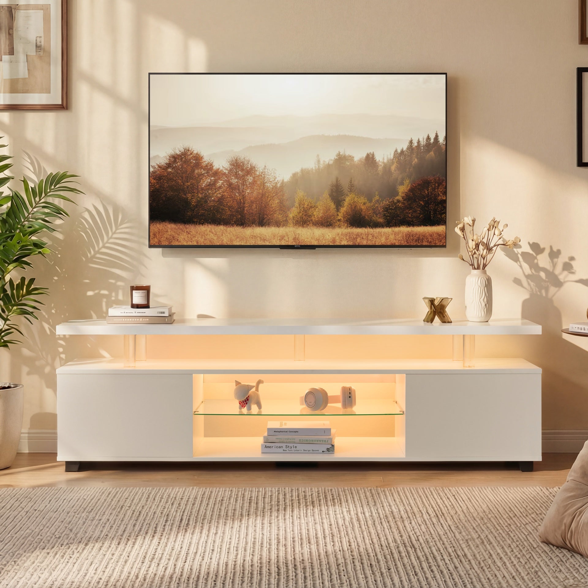 TV Stand for 70 Inch TV LED Gaming Entertainment Center Media Storage Console Table with Large Side Cabinet for Living Room White