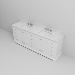 White Double Bath Vanity 84 in. W x 22 in. D, Carrara Marble Top, and Faucet Set