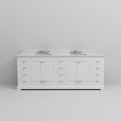 White Double Bath Vanity 84 in. W x 22 in. D, Carrara Marble Top, and Faucet Set