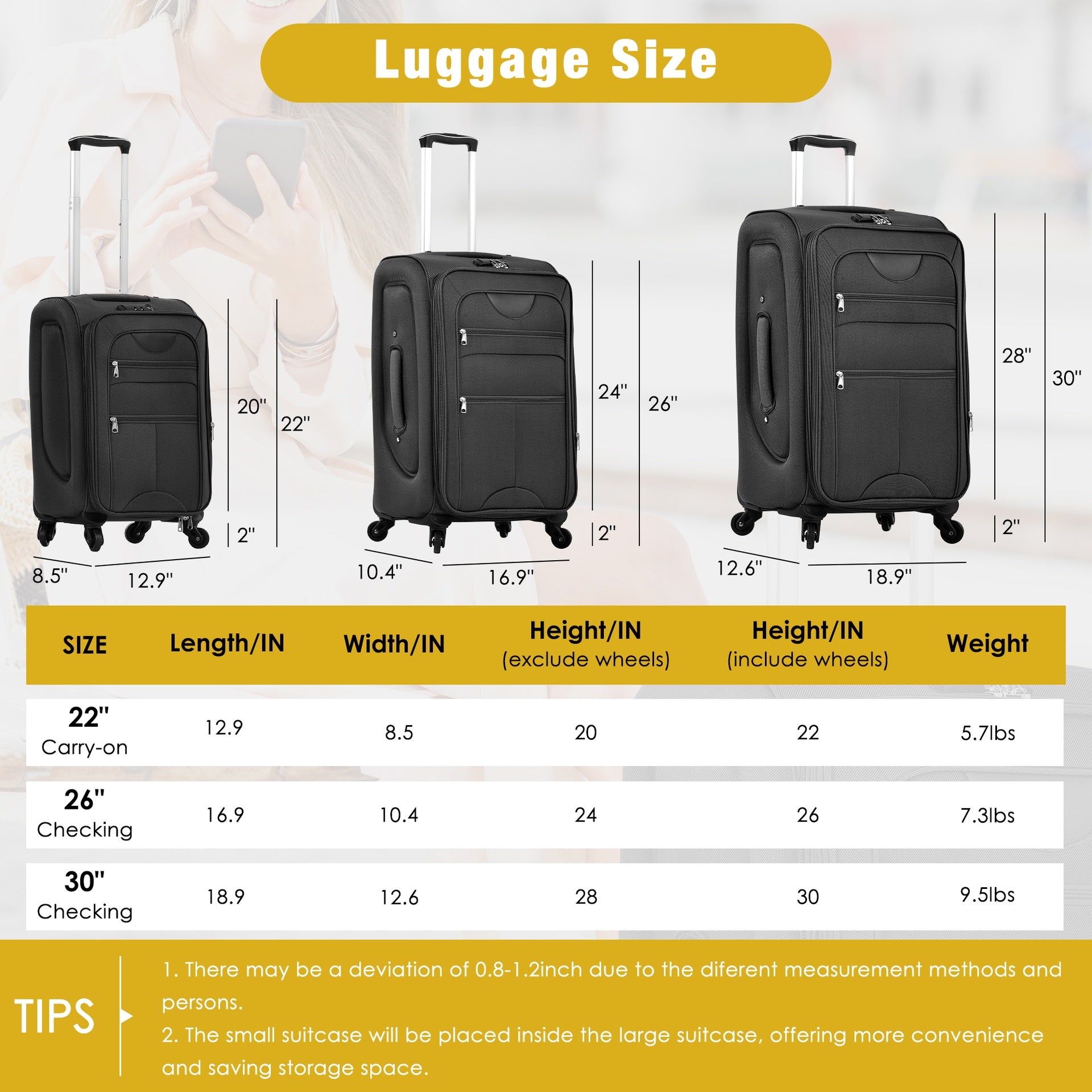 Softside Luggage Expandable 3 Piece Set Suitcase with Duffel Bag Upright Spinner Softshell Lightweight Luggage Travel Set-22/26/30 IN