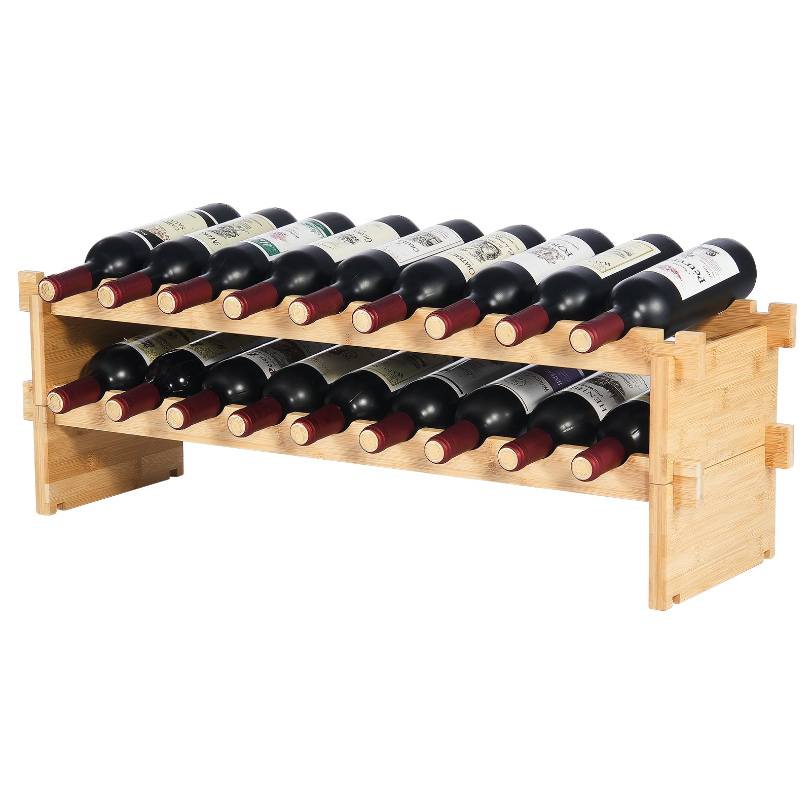 18 Bottle Stackable Modular Wine Rack Bamboo Wood Display Shelf 2-Tier